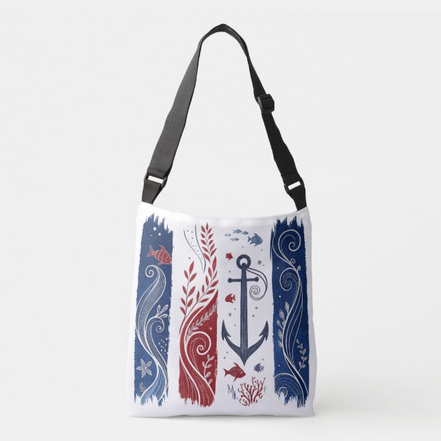 Bolsa Ajustável Âncora Náutica, Ondas do Oceano Costeiro, Mar  (Frente)