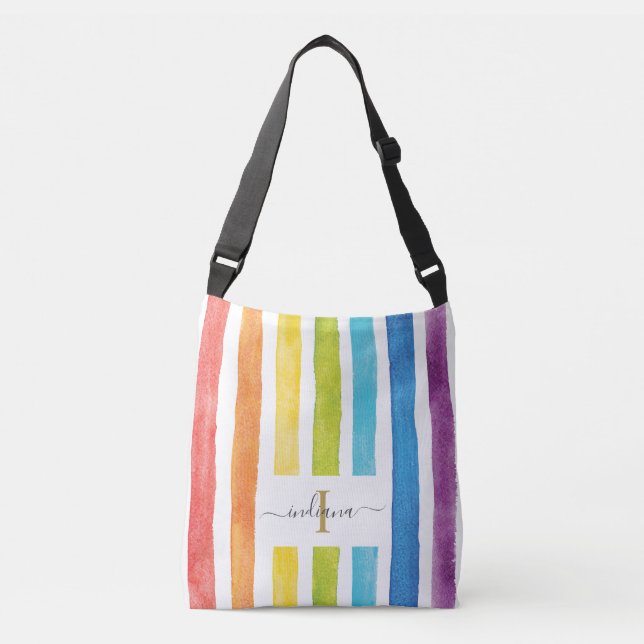 Bolsa Ajustável Aquarela Arco-Íris Monograma Nome Script Filha (Frente)