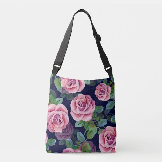 Bolsa Ajustável Azul Escuro, Rosas Rosa Aquarela. (Frente)