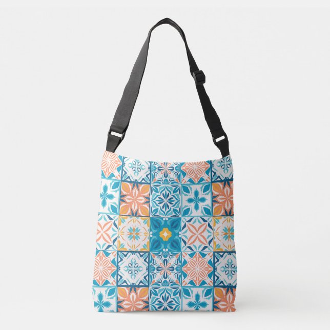 Bolsa Ajustável azulejos ornamentados em azul e laranja (Frente)