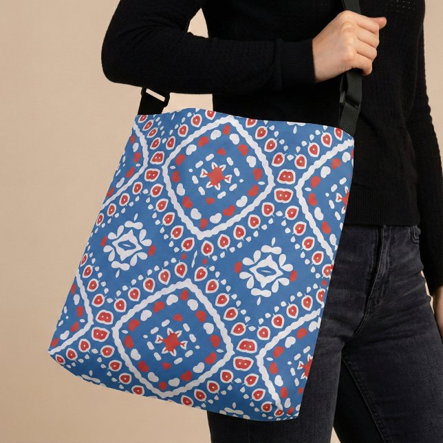 Bolsa Ajustável Azure Blue Red and White Ethnic Bohemian Patterian (Criador carregado)