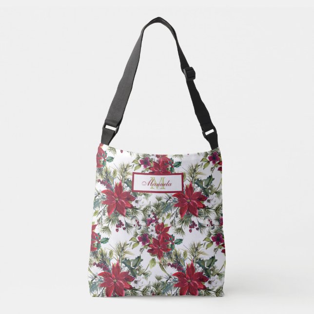 Bolsa Ajustável Belos Poinsetos Vermelhos e Flores Brancas (Frente)