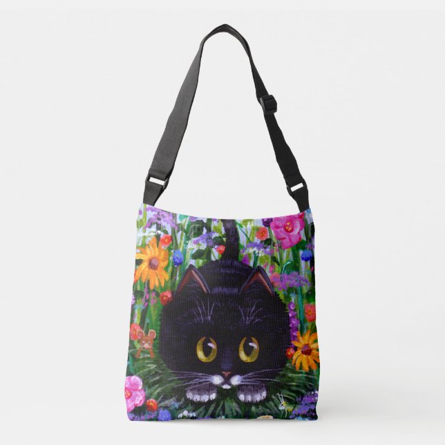 Bolsa Ajustável Black White Cat and Flowers Summer (Frente)
