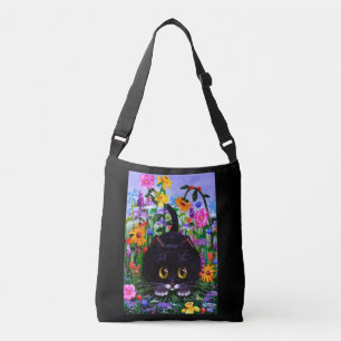 Bolsa Ajustável Black White Cat and Flowers Summer