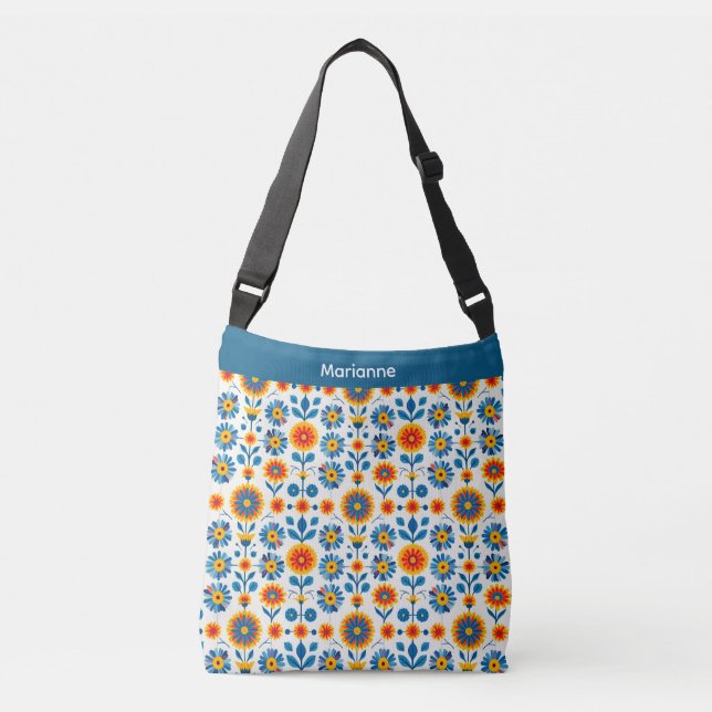 Bolsa Ajustável Blue and Gold Folk Art Flowers (Frente)