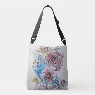 Bolsa Ajustável Blue Budgie Birds & Rosa Watercolor Crossbody
