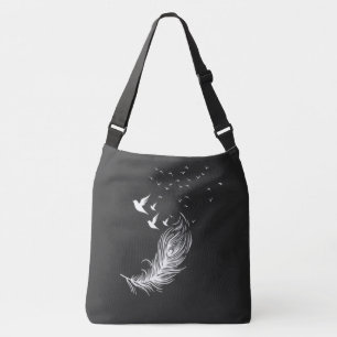 Bolsa Ajustável Boho Penas Brancas e Pássaros Voadores Arte Blac