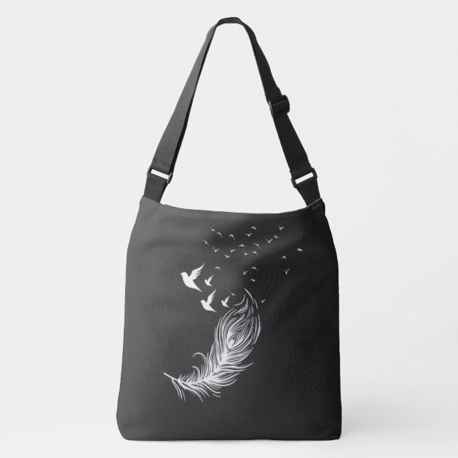 Bolsa Ajustável Boho Penas Brancas e Pássaros Voadores Arte Blac (Frente)