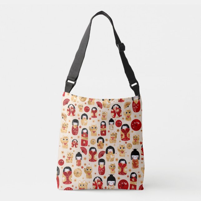 Bolsa Ajustável Bonecos Japoneses - Gatos Kokeshi e Maneki Neko (Frente)