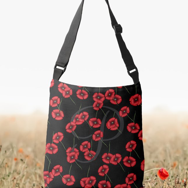 Bolsa Ajustável Bonito padrão personalizado vermelho e preto (A pretty poppy crossbody bag with space for your initial)