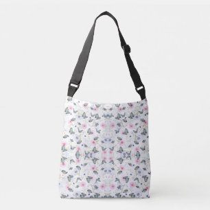 Bolsa Ajustável Borboleta Azul e Floral Rosa em Aquarela Vintage