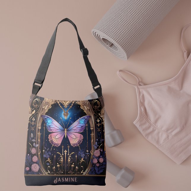 Bolsa Ajustável Borboleta Na moda azul-rosa ornamentado azul-Doura (Butterfly Lover Pink Blue Gold Stylish Crossbody Tote Bag)