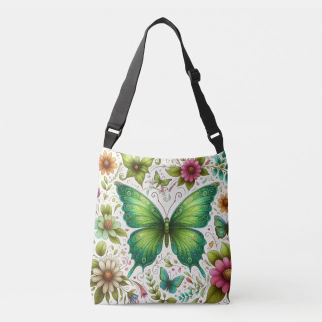 Bolsa Ajustável Borboleta Verde cercada por flor (Frente)