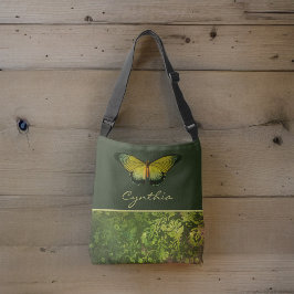 Bolsa Ajustável Borboleta Verde Dourada com Monograma de Folhagem 