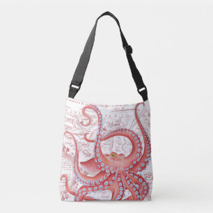 Bolsa Ajustável Branco do Mapa de Vintagem do Octopus Vermelho