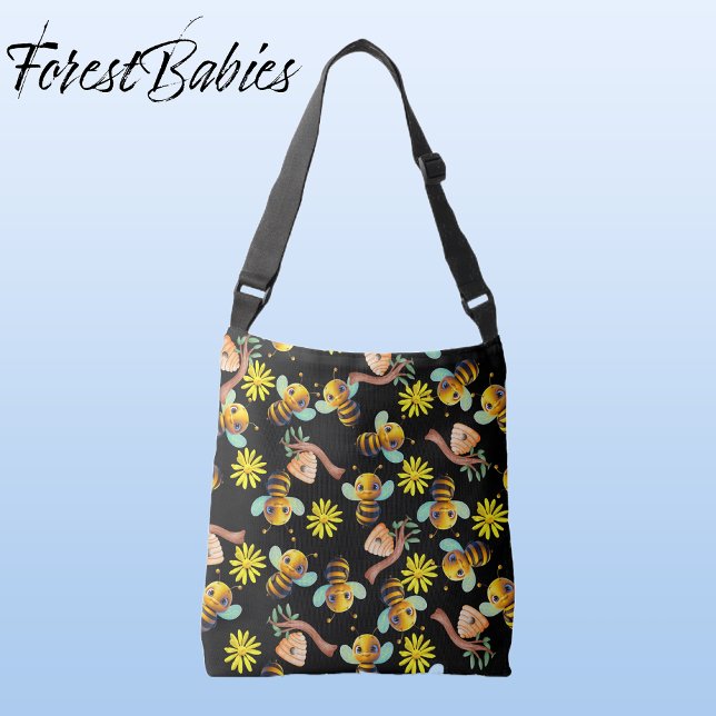 Bolsa Ajustável Bumble Bee 🐝 margarida amarela Mel Preto (🐝 Bumble Bee, ForestBabies Yellow Daisy, Honey Hive Black Floral Cross Body Bag - Front)