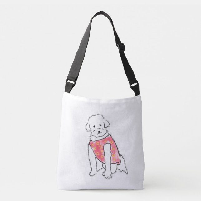 Bolsa Ajustável Cachorro Branco Fofinho Desenhado à Mão com Colete (Frente)