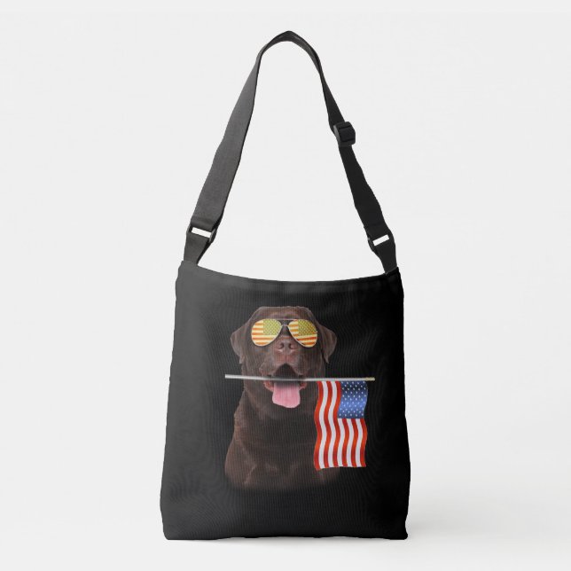 Bolsa Ajustável Cachorro | Chocolate Labrador EUA Bandeira America (Frente)