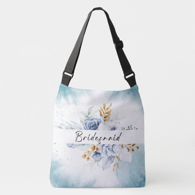 Bolsa Ajustável Casamento Dourado Floral Branco Dusty Blue (Frente)