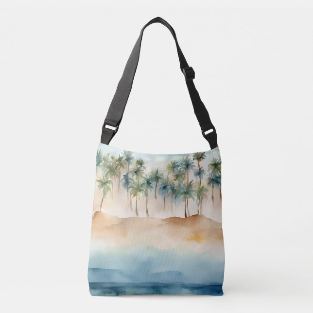 Bolsa Ajustável Cena Tropical de Praia Aquarela Palmas Areia Ocean (Frente)