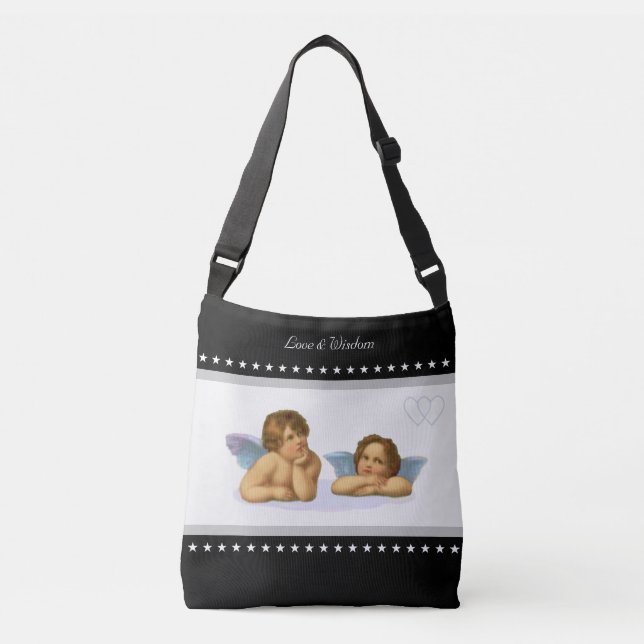 Bolsa Ajustável Cherubs de Casamento, Corações e Estrelas em Preto (Frente)