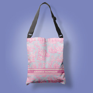 Bolsa Ajustável Chic vintage azul-rosa toile de jouy impresso