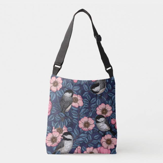 Bolsa Ajustável Chickadees in the wild rose in pink and blue (Frente)
