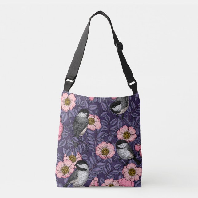 Bolsa Ajustável Chickadees in the wild rose in pink and violet (Frente)