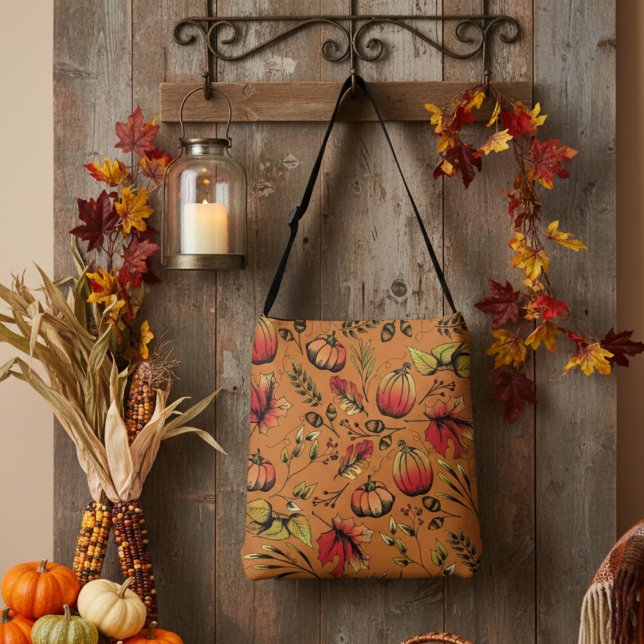 Bolsa Ajustável Colheita Colorida Laranja Quebra Colorida Desenhad (Rustic Fall Harvest Pumpkin, Orange Gourds & Leaves Pattern in Autumn Colors for Fall & Thanksgiving)