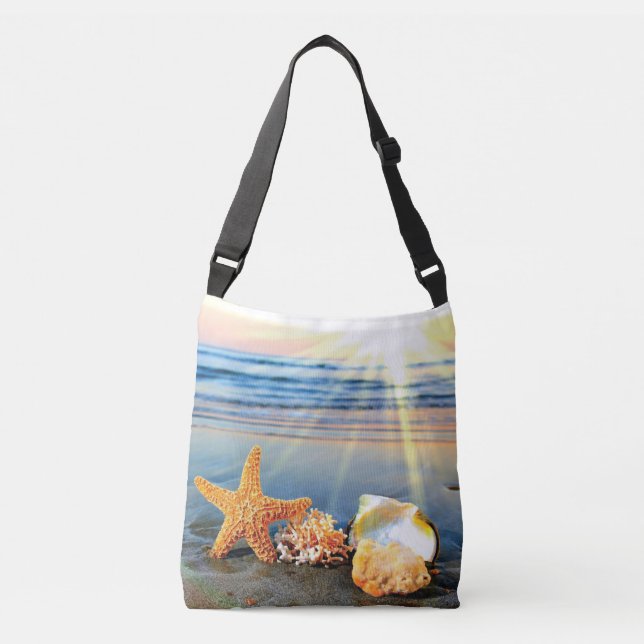 Bolsa Ajustável Conchas marítimas e estrelas-do-mar na praia (Frente)