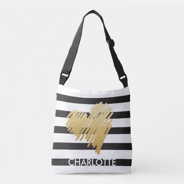 Bolsa Ajustável Coração Dourado Negra Faux Striped Personalizada (Frente)