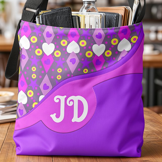 Bolsa Ajustável Corações e Margaridas Rosa e Roxo (Girly pink and purple with white hearts and large initials makes this a fun bag for school or play)