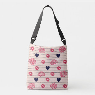 Bolsa Ajustável Corações vermelhos, lábios, padrão de margaridas.