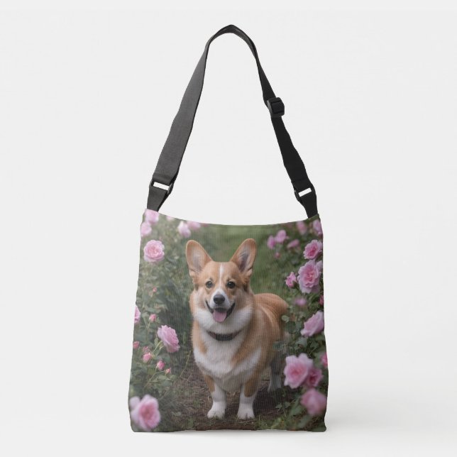 Bolsa Ajustável Corgi Nas Rosas Rosa, (Frente)