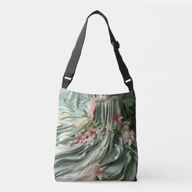 Bolsa Ajustável Cortinas de seda verde, creme e flores rosadas (Frente)