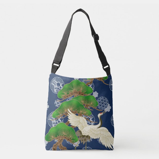 Bolsa Ajustável Crane azul Kimono padrão inspirado no tecido japon (Frente)