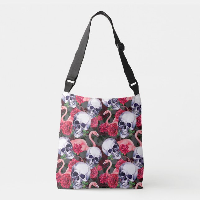 Bolsa Ajustável Crânio floral, padrão uniforme de flamingo. (Frente)