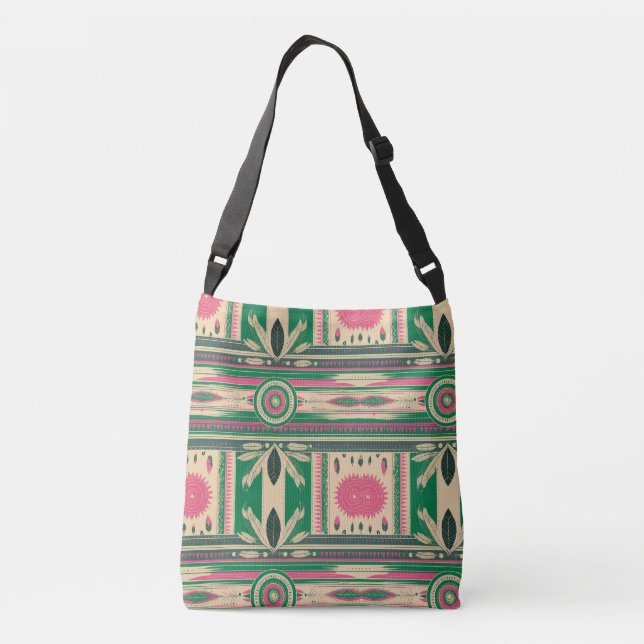 Bolsa Ajustável Cross Body in Green/Pink Native American Patterns (Verso)