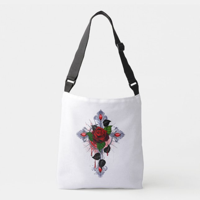 Bolsa Ajustável Cruz de Prata com Rosa vermelha (Frente)