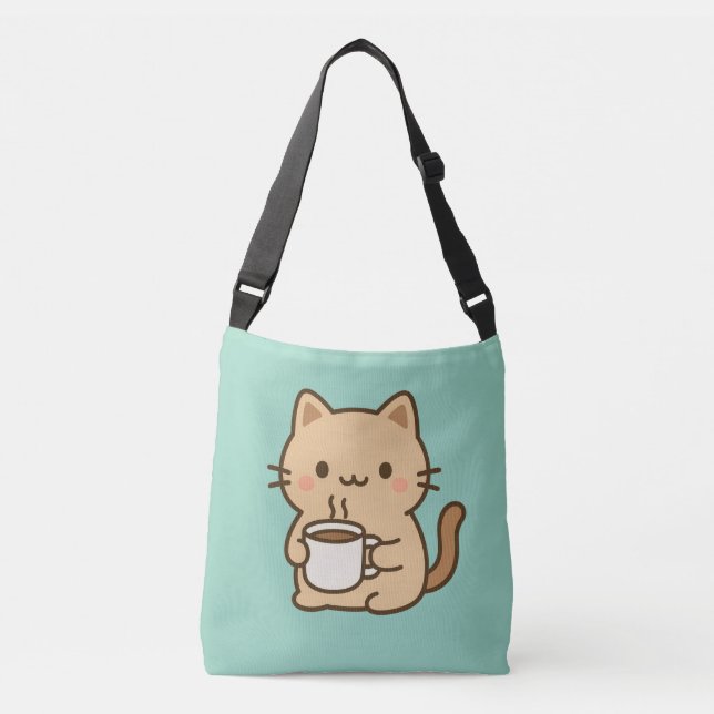 Bolsa Ajustável Cute Coffee Cat Kawaii Cozy Aesthetic Design (Frente)
