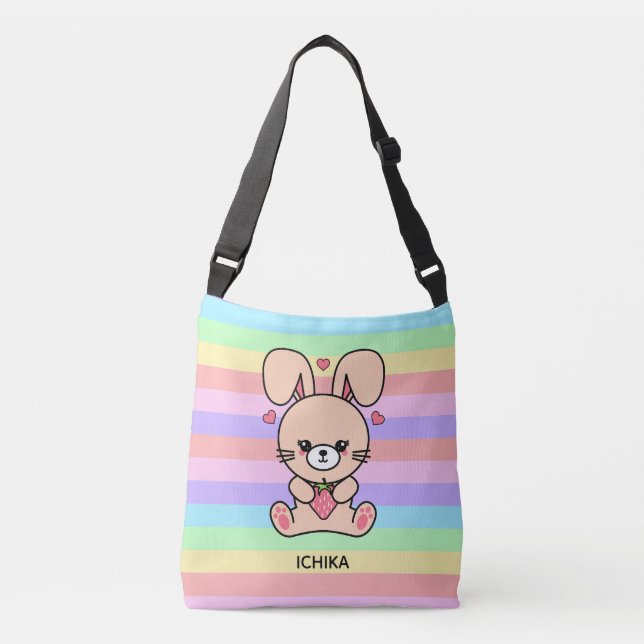 Bolsa Ajustável Cute Kawaii Strawberry Bunny Rabbit Striped (Frente)
