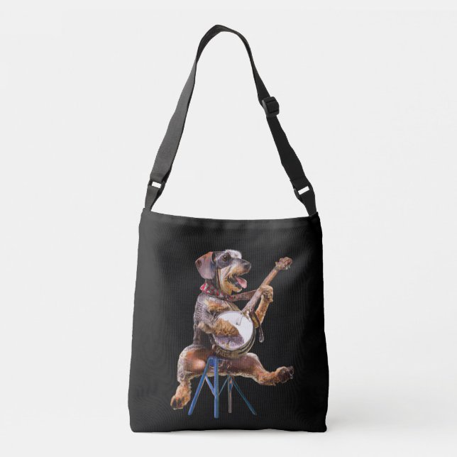 Bolsa Ajustável Dachshund De Cabelo Fio Jogando Banjo Crossbody Ba (Verso)