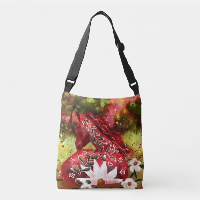 Bolsa Ajustável Daisy Horse Abstrato Art Red White Floral (Frente)