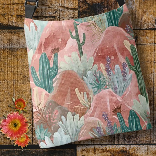 Bolsa Ajustável Desert Bloom Sunset with Cactus Garden (Desert bloom tote with pink canyons, watercolor cacti, and soft boho southwest charm.)