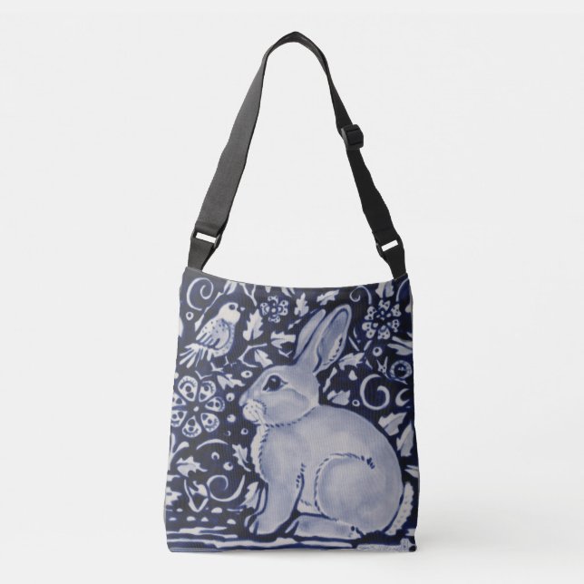 Bolsa Ajustável Designer Floral do Coelho Azul e Branco Comprando  (Frente)