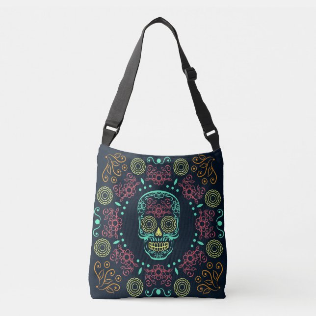 Bolsa Ajustável Dia de los Muertos Neon Floral Crânio (Frente)