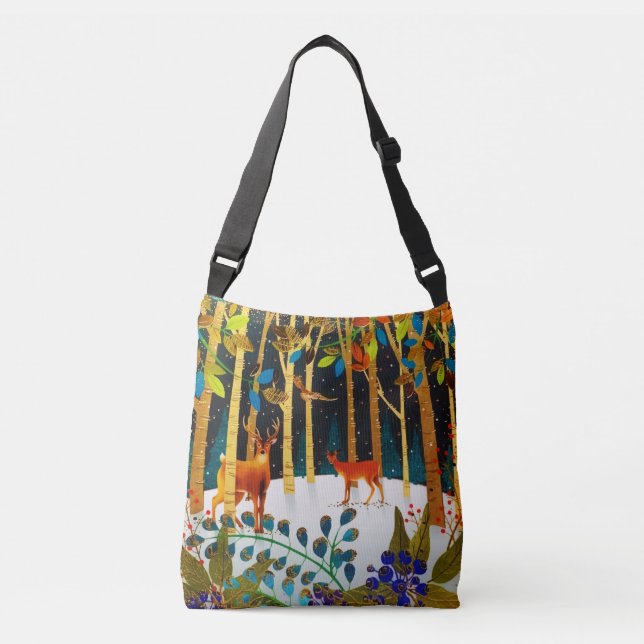 Bolsa Ajustável Dourada Cozy Winter Deer Forest Watercolor (Frente)