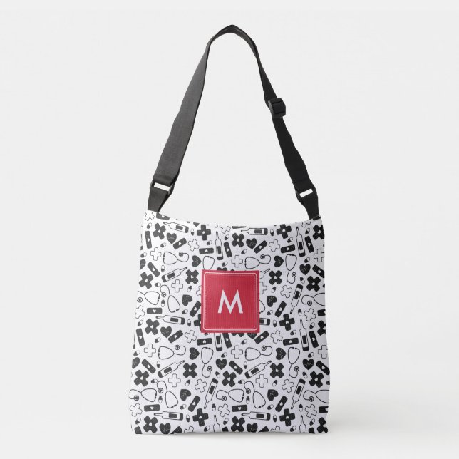Bolsa Ajustável Enfermeira de padrão médico branco preto monograma (Frente)