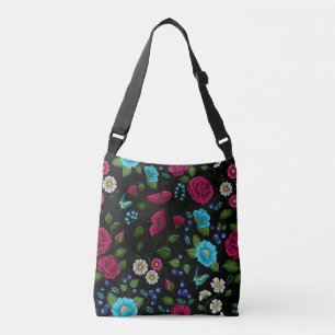 Bolsa Ajustável Estilo Folk Bordado Preto Floral Azul Rosa