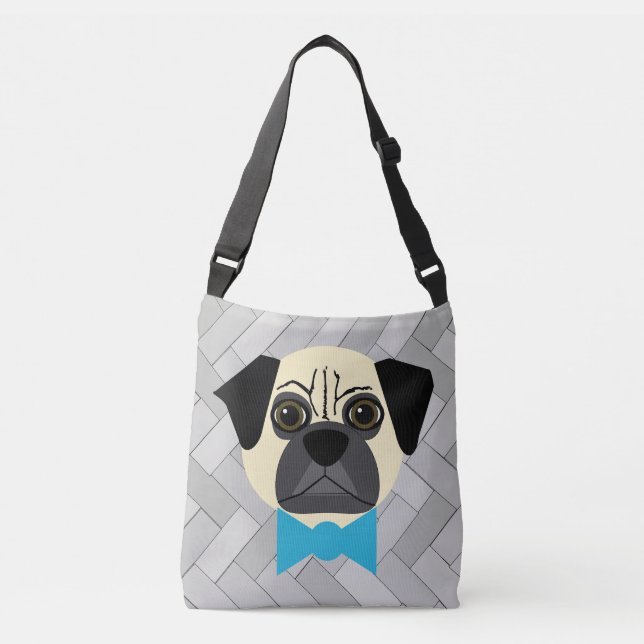 Bolsa Ajustável Fawn Pug com tigela, cinza Herringbone (Frente)